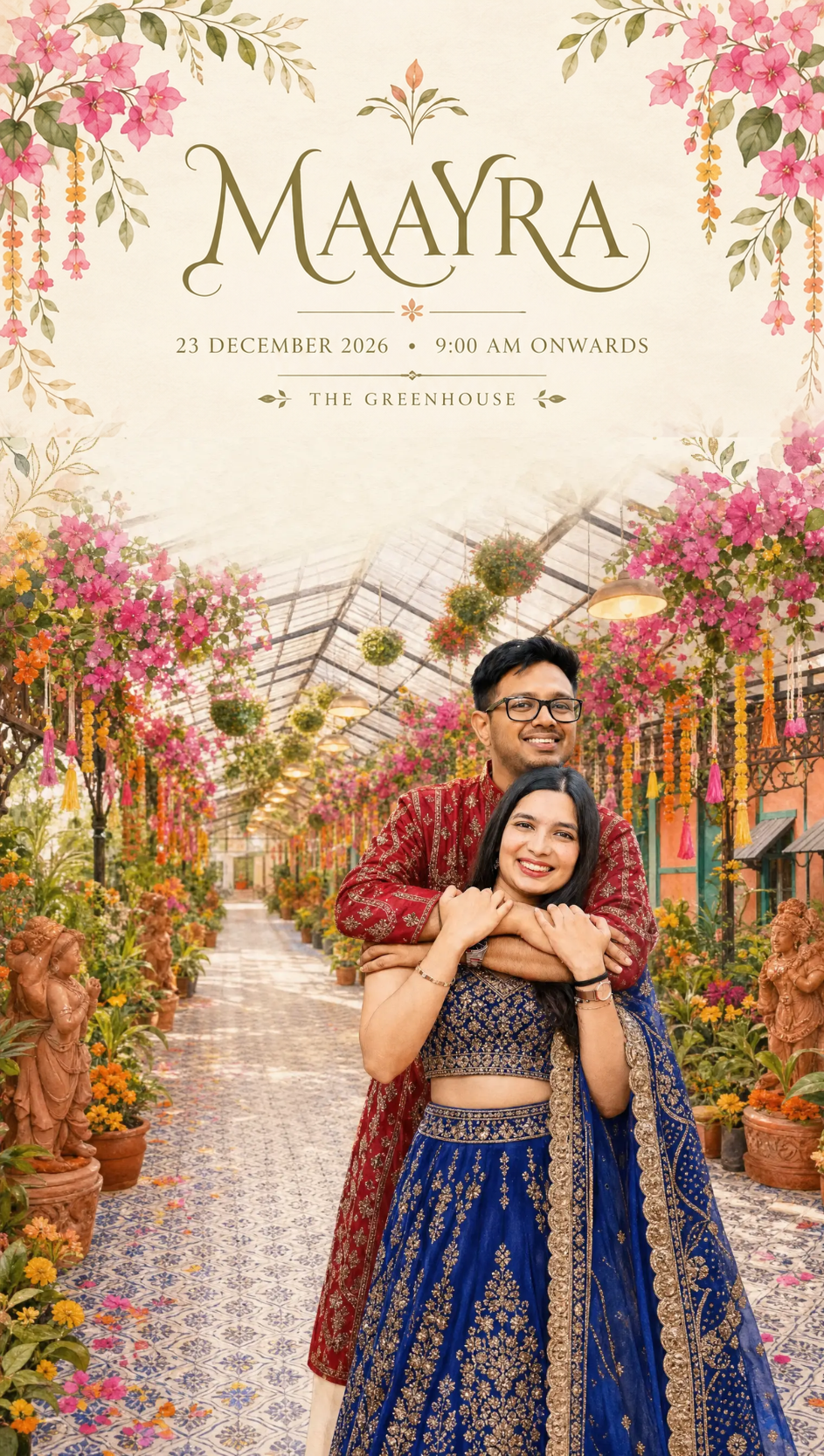 Maayra — 23 December 2026, 9:00 AM onwards, The Greenhouse. Original invitation poster.